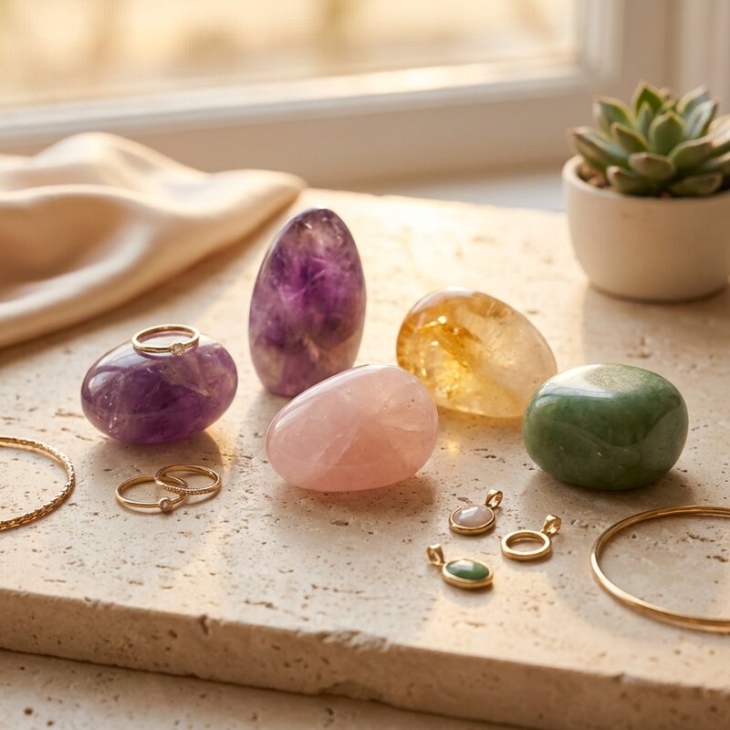Amethyst, rose quartz, jade and citrine stones with fine jewellery on a sunlit ledge